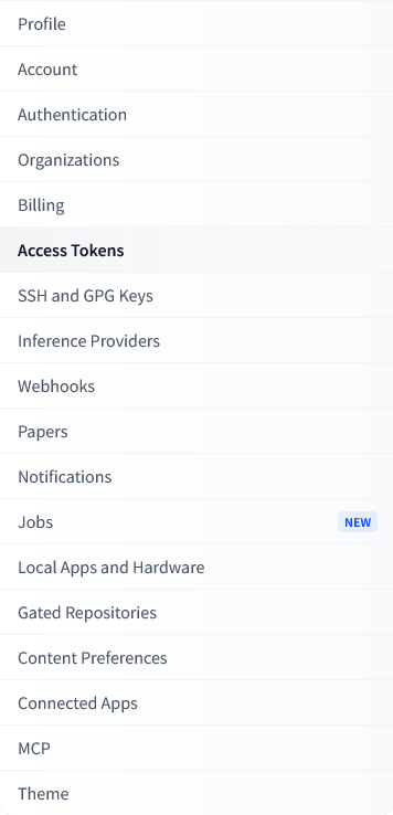 Hugging Face – Settings Menu