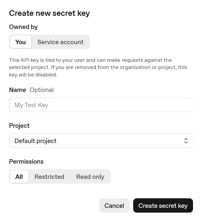 OpenAI API – Create New Secret Key